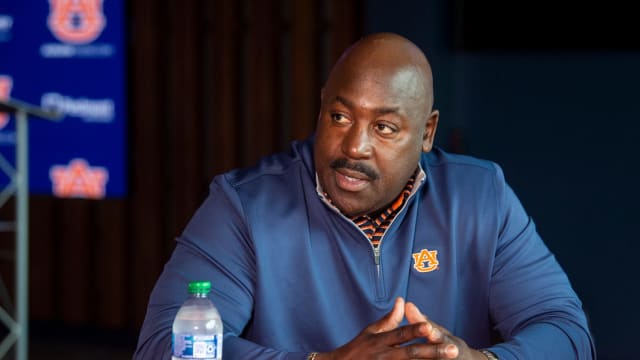 Auburn secondary coach Wesley McGriff is interviewed at the Woltosz Football Performance Center in Auburn, Ala., on Thursday, Feb. 1, 2023. 
